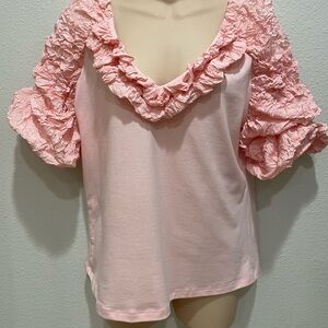 Marc New York pink blouse gorgeous crepe puff sleeves deep v-neck size med